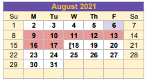 District School Academic Calendar for Shiner Elementary for August 2021