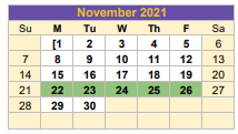 District School Academic Calendar for G O A L S Program for November 2021