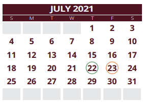 District School Academic Calendar for Silsbee H S for July 2021