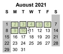District School Academic Calendar for Welder Elementary for August 2021