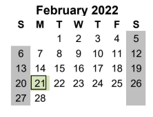 District School Academic Calendar for Juvenile Detention Ctr for February 2022
