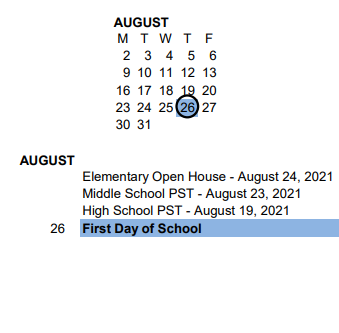 District School Academic Calendar for Memorial Middle Sch - 04 for August 2021