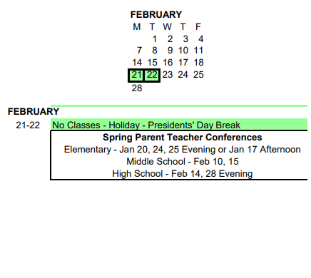 District School Academic Calendar for Bridges At Jefferson - 55 for February 2022