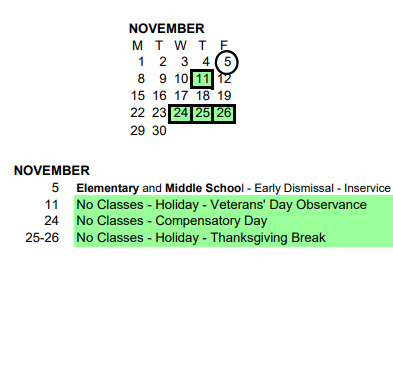 District School Academic Calendar for Summit Oaks-residential for November 2021