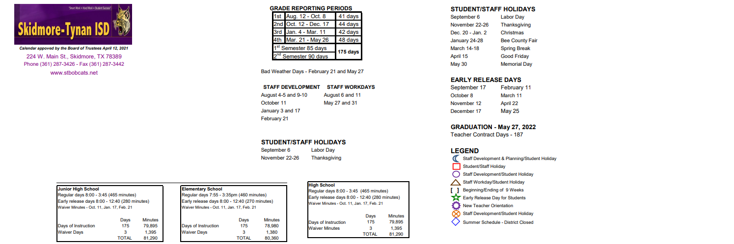 District School Academic Calendar Key for Skidmore-tynan High School