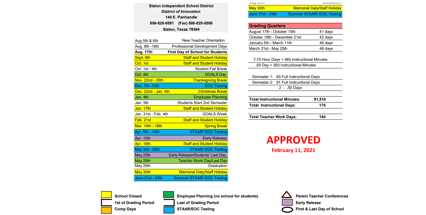 District School Academic Calendar Key for Slaton High School
