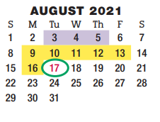 District School Academic Calendar for Brown Primary for August 2021