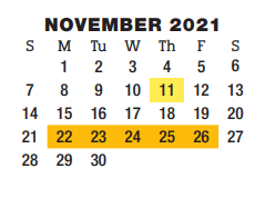 District School Academic Calendar for Bastrop County Juvenile Boot Camp for November 2021