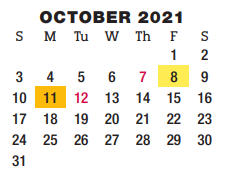 District School Academic Calendar for Brown Primary for October 2021
