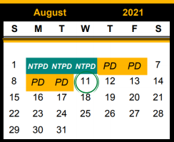 District School Academic Calendar for Snyder H S for August 2021