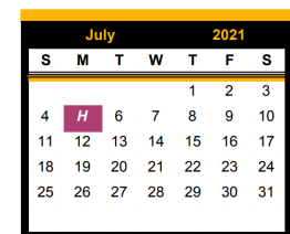 District School Academic Calendar for West El for July 2021