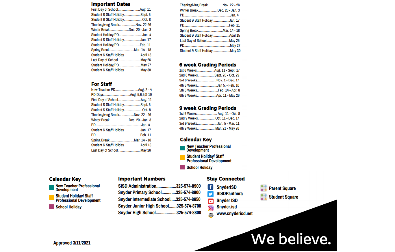 District School Academic Calendar Key for Snyder H S