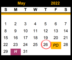 District School Academic Calendar for Snyder H S for May 2022