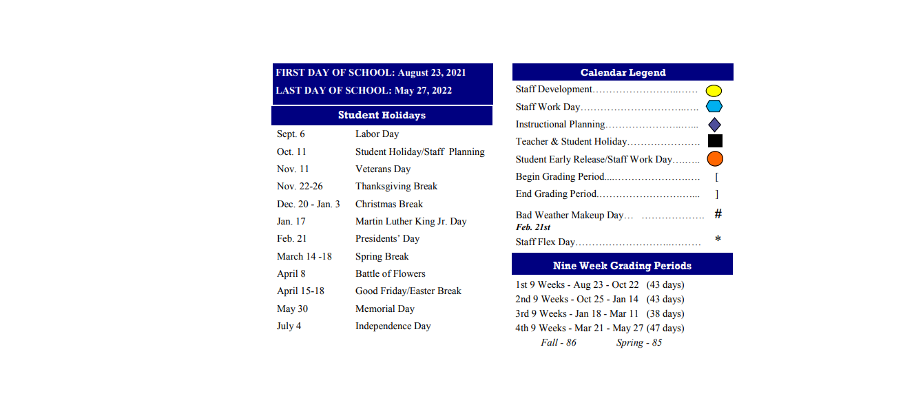 District School Academic Calendar Key for S/sgt Michael P Barrera Veterans E