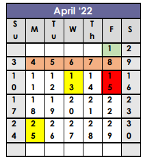 District School Academic Calendar for Jefferson Intermediate Center for April 2022