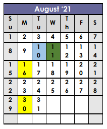 District School Academic Calendar for Adams High School for August 2021