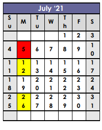 District School Academic Calendar for Nuner Primary Center for July 2021