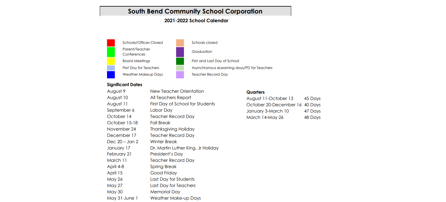 District School Academic Calendar Key for Bendix School