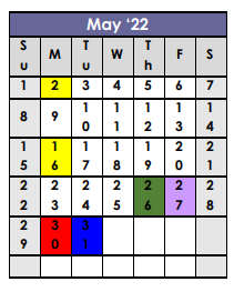 District School Academic Calendar for Darden Primary Center for May 2022