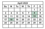 District School Academic Calendar for Bexar Co J J A E P for April 2022