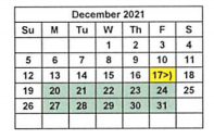 District School Academic Calendar for Alternative School for December 2021
