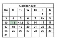 District School Academic Calendar for Bexar Co J J A E P for October 2021