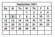 District School Academic Calendar for Alternative School for September 2021