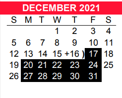 District School Academic Calendar for Bexar Co J J A E P for December 2021