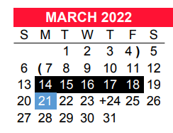 District School Academic Calendar for Bexar Co J J A E P for March 2022