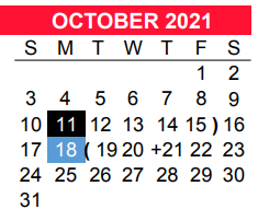 District School Academic Calendar for Bexar Co J J A E P for October 2021