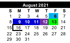 District School Academic Calendar for Cameron Co J J A E P for August 2021