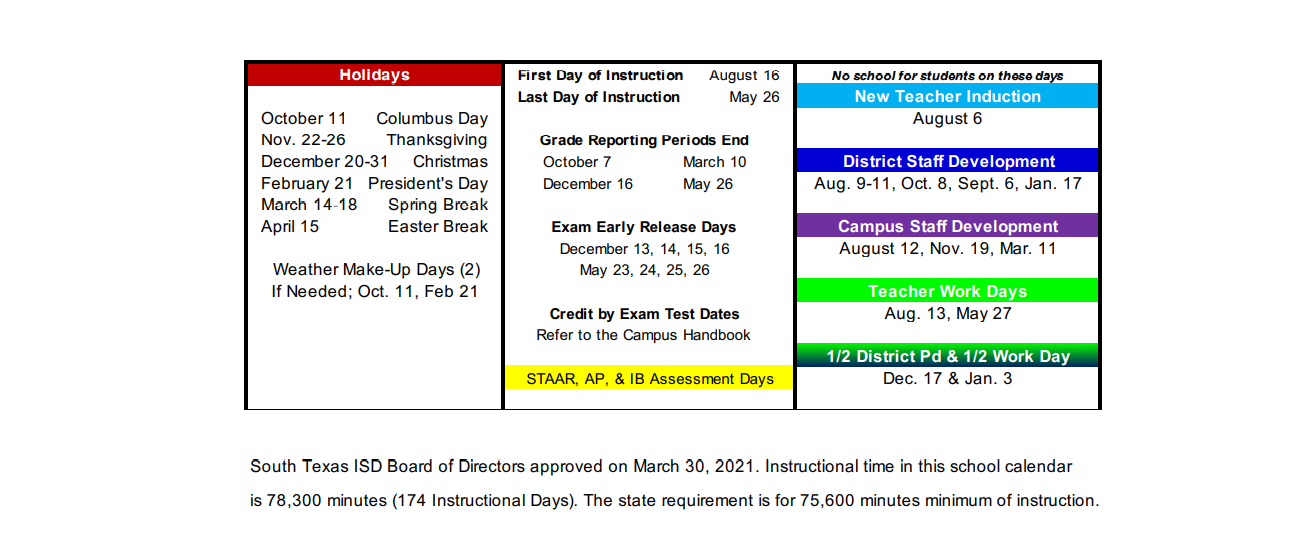 District School Academic Calendar Key for South Texas Business Education & T