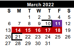 District School Academic Calendar for Cameron Co J J A E P for March 2022