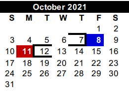 District School Academic Calendar for Hidalgo Co J J A E P for October 2021