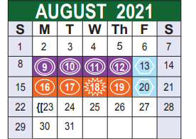 District School Academic Calendar for Bexar Co J J A E P for August 2021