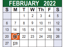 District School Academic Calendar for Bexar Co J J A E P for February 2022