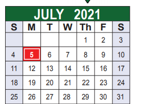 District School Academic Calendar for Sun Valley Elementary for July 2021