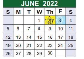 District School Academic Calendar for Bexar Co J J A E P for June 2022