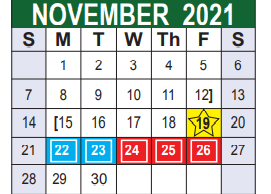 District School Academic Calendar for Bexar Co J J A E P for November 2021