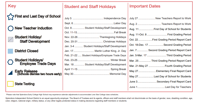 District School Academic Calendar Key for Splendora Junior High