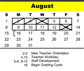 District School Academic Calendar for Bunker Hill Elementary for August 2021