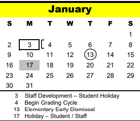District School Academic Calendar for Spring Branch Elementary for January 2022