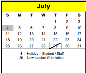 District School Academic Calendar for The Lion Lane School for July 2021