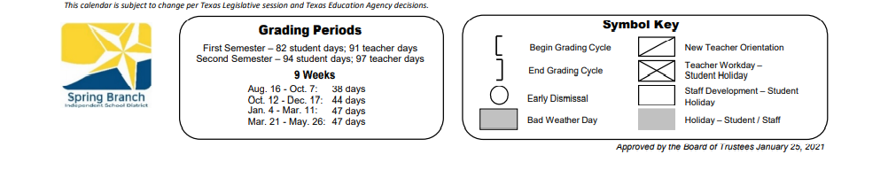 District School Academic Calendar Key for Spring Branch Elementary