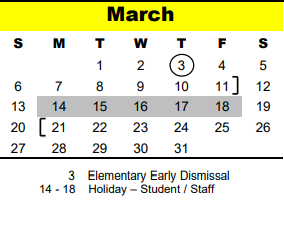 District School Academic Calendar for Pre-k Elementary for March 2022