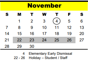 District School Academic Calendar for Pine Shadows Elementary for November 2021