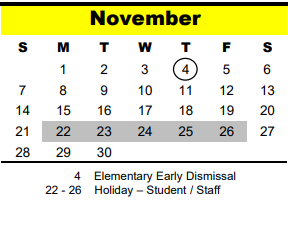 District School Academic Calendar for Spring Branch Elementary for November 2021