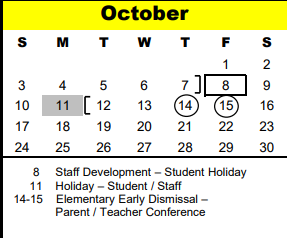 District School Academic Calendar for Pine Shadows Elementary for October 2021