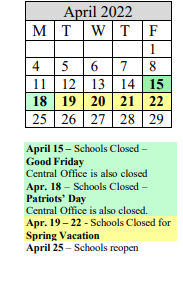 District School Academic Calendar for Springfield Expeditionary Learning School for April 2022