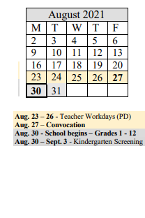District School Academic Calendar for Warner for August 2021